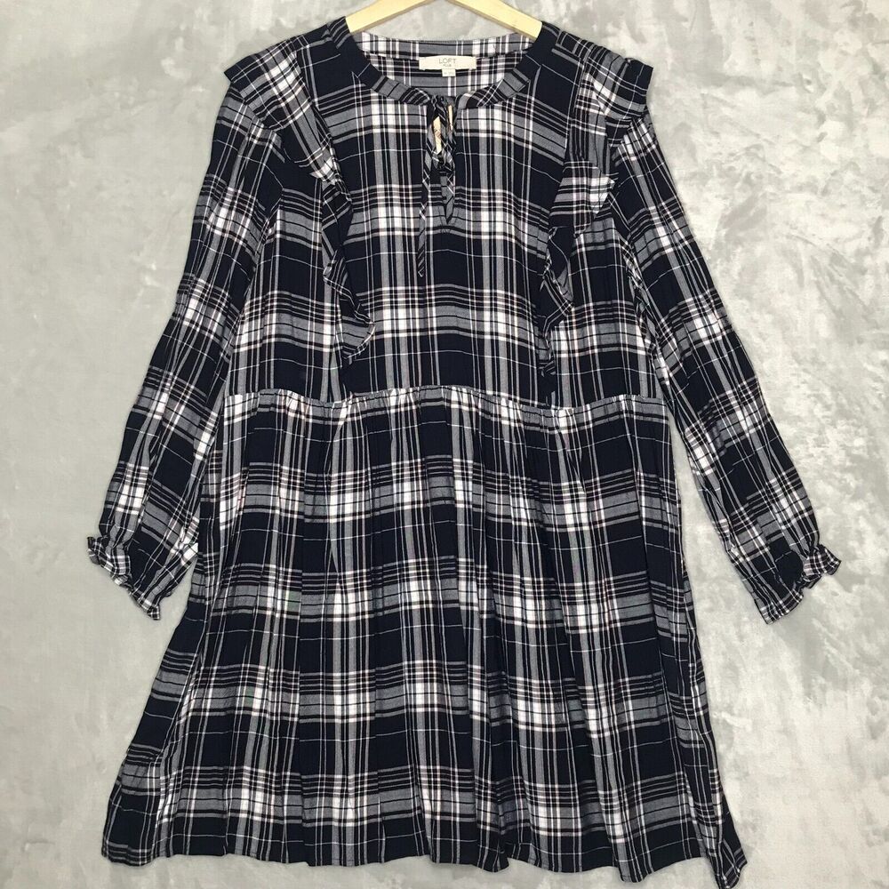 LOFT Plus Dress Womens 18 Navy Blue Pink Plaid Long Sleeve Keyhole Neck NEW